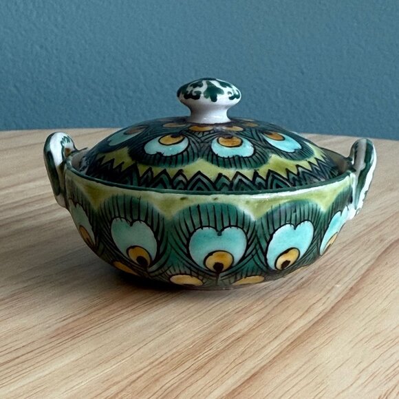 Antique Asian Miniature Porcelain Tureen With Lid & Handles Peacock Design Signe - Picture 1 of 9